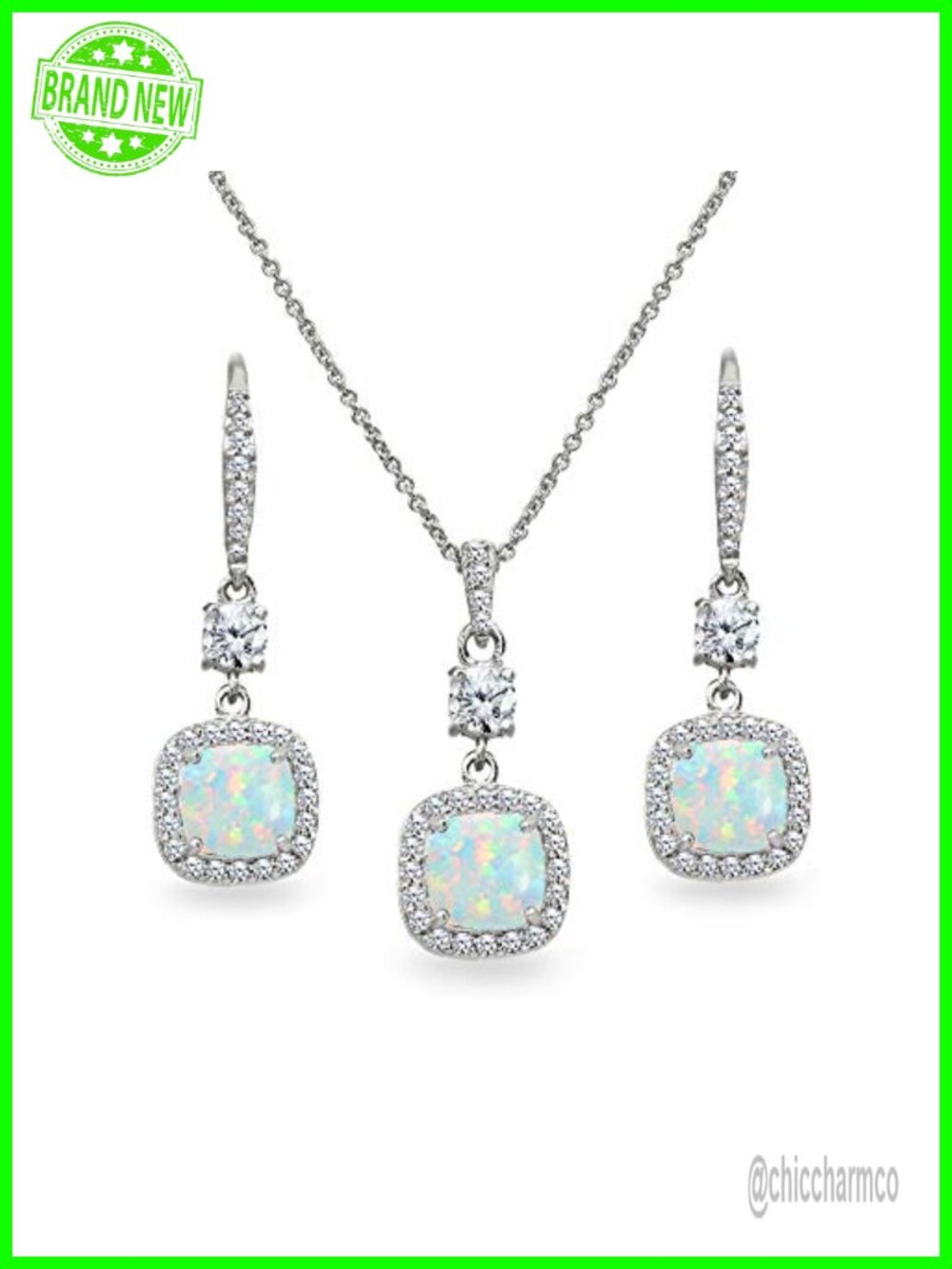 Sterling Silver Cushion Cut Opal Necklace & Drop Earrings Set